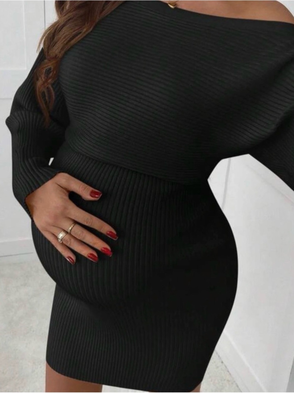 SHEIN Black Off-Shoulder Ribbed Maternity Bodycon Dress